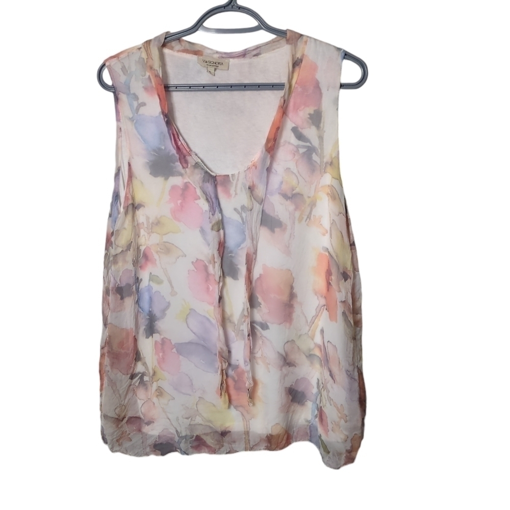 Via Signoria 100%‎ Silk Size Large Sleeveless Blouse Watercolour Floral